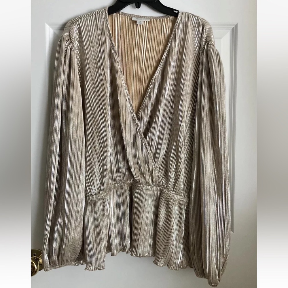 ON 34 TH WOMENS TOPS PLUS SIZE 2X STRIPE WRAP GOLD BELL SLEEVES V NECK PEPLUM